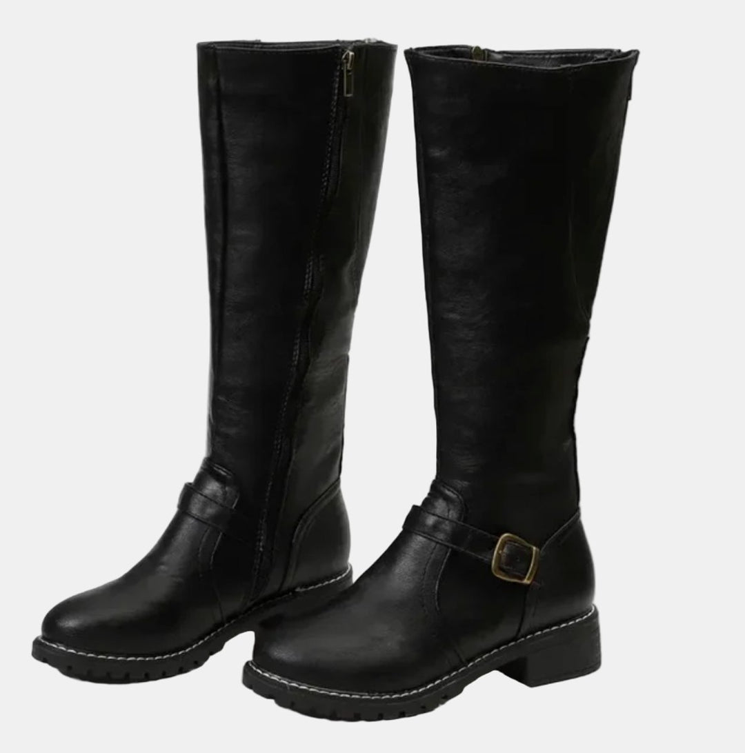 Damen Kniehohe Stiefel Schnalle Reißverschluss Kunstleder - Schwarz