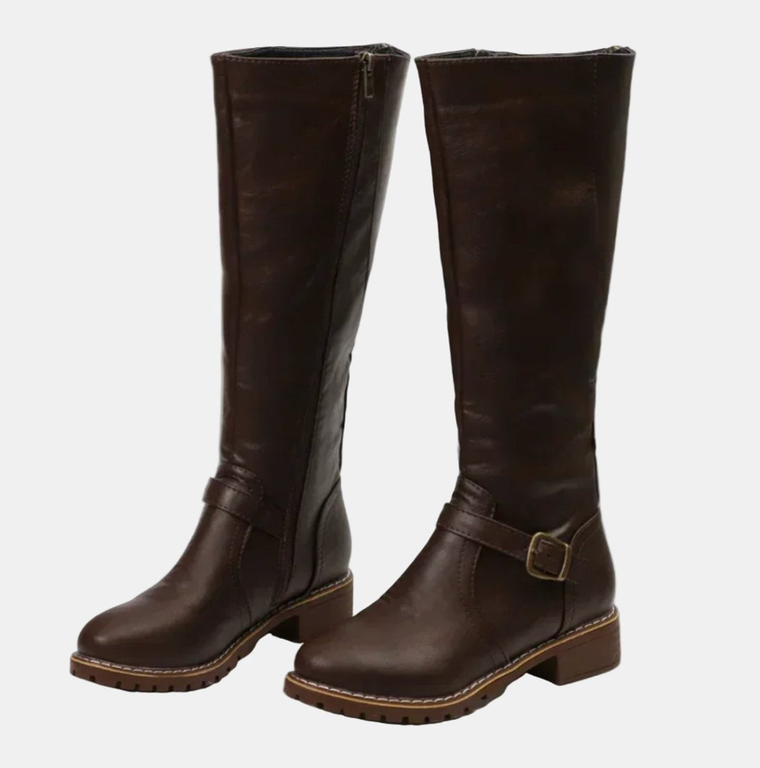 Damen Kniehohe Stiefel Schnalle Reißverschluss Kunstleder