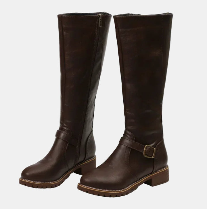 Damen Kniehohe Stiefel Schnalle Reißverschluss Kunstleder