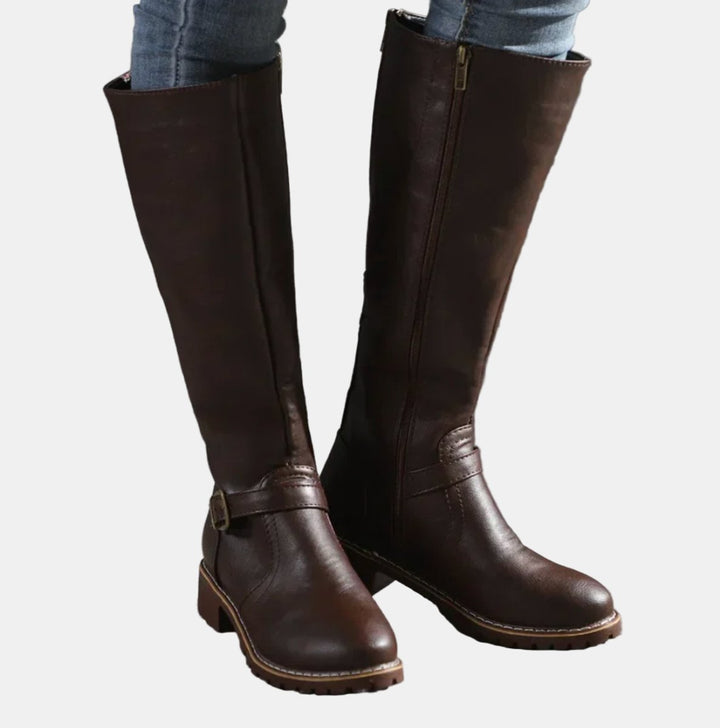 Damen Kniehohe Stiefel Schnalle Reißverschluss Kunstleder - Dunkelbraun