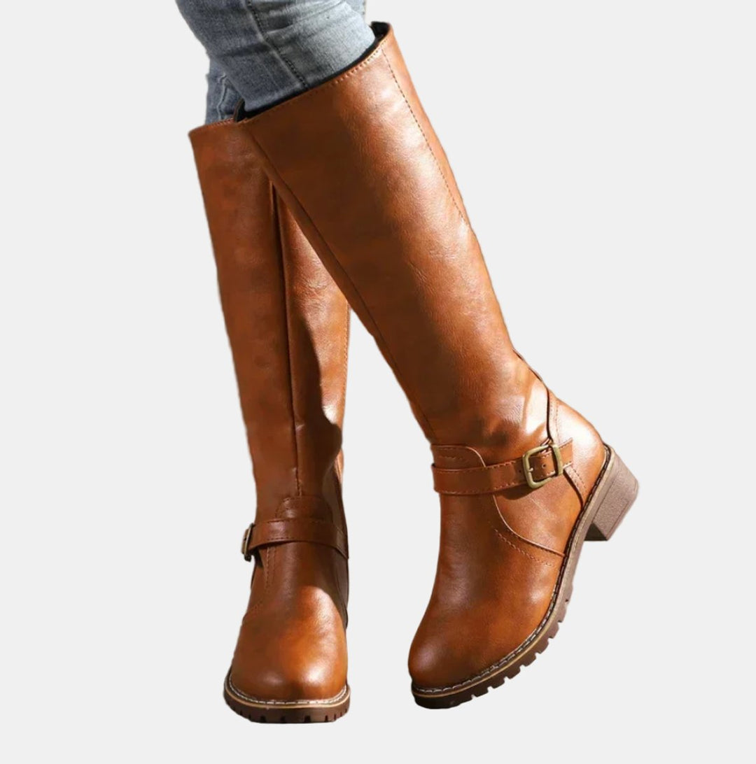 Damen Kniehohe Stiefel Schnalle Reißverschluss Kunstleder - Braun