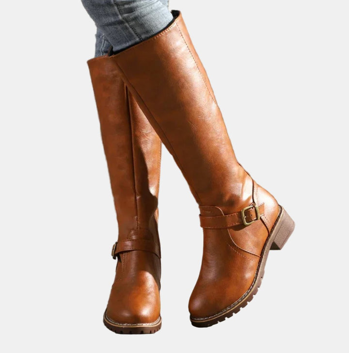 Damen Kniehohe Stiefel Schnalle Reißverschluss Kunstleder - Braun