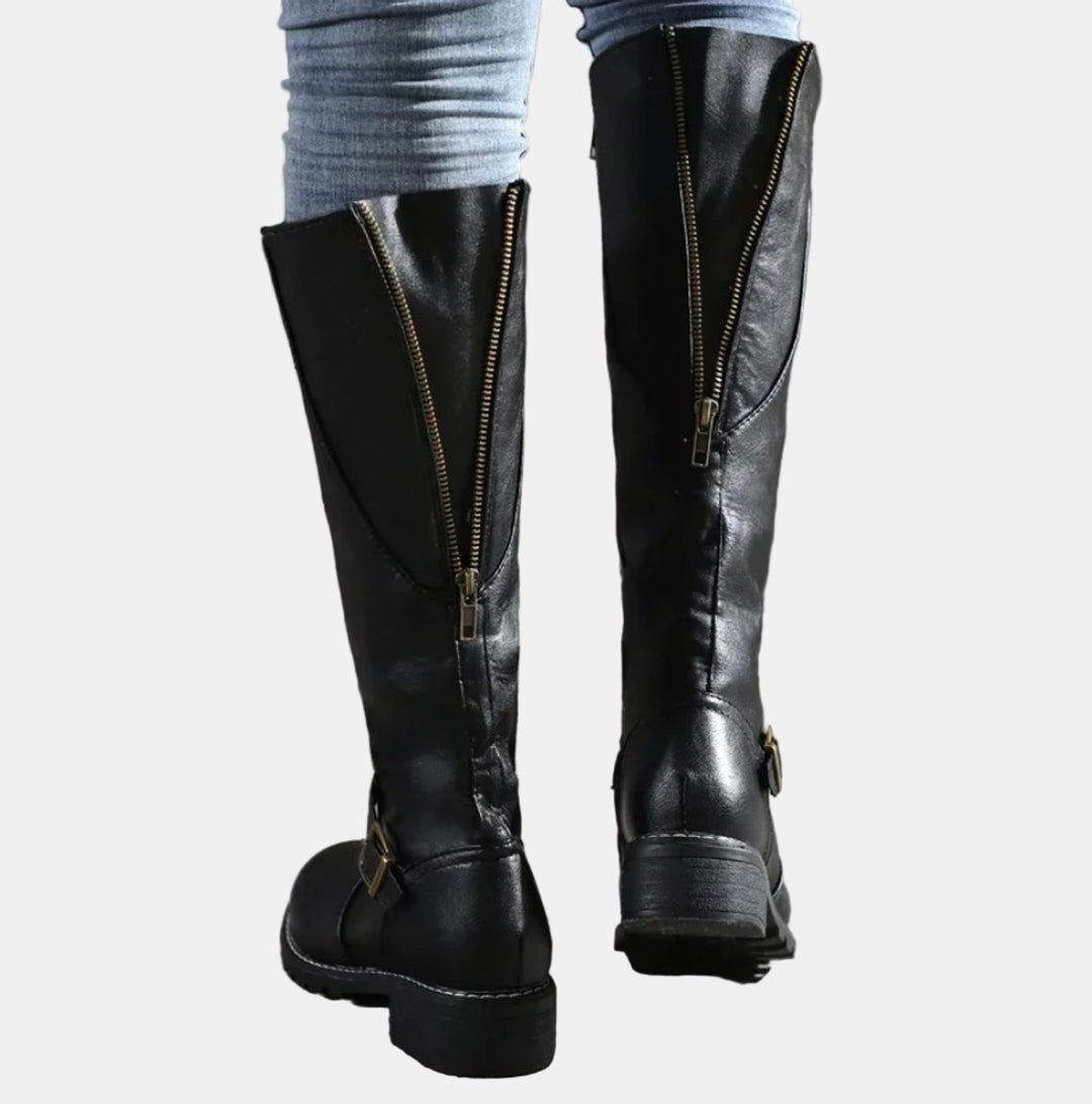 Damen Kniehohe Stiefel Schnalle Reißverschluss Kunstleder