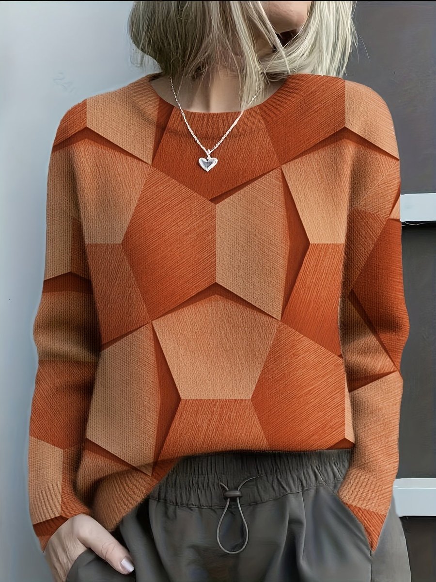 Damen Knit Sweater Geometrisches Muster Rundhals Langarm Pullover - Orange