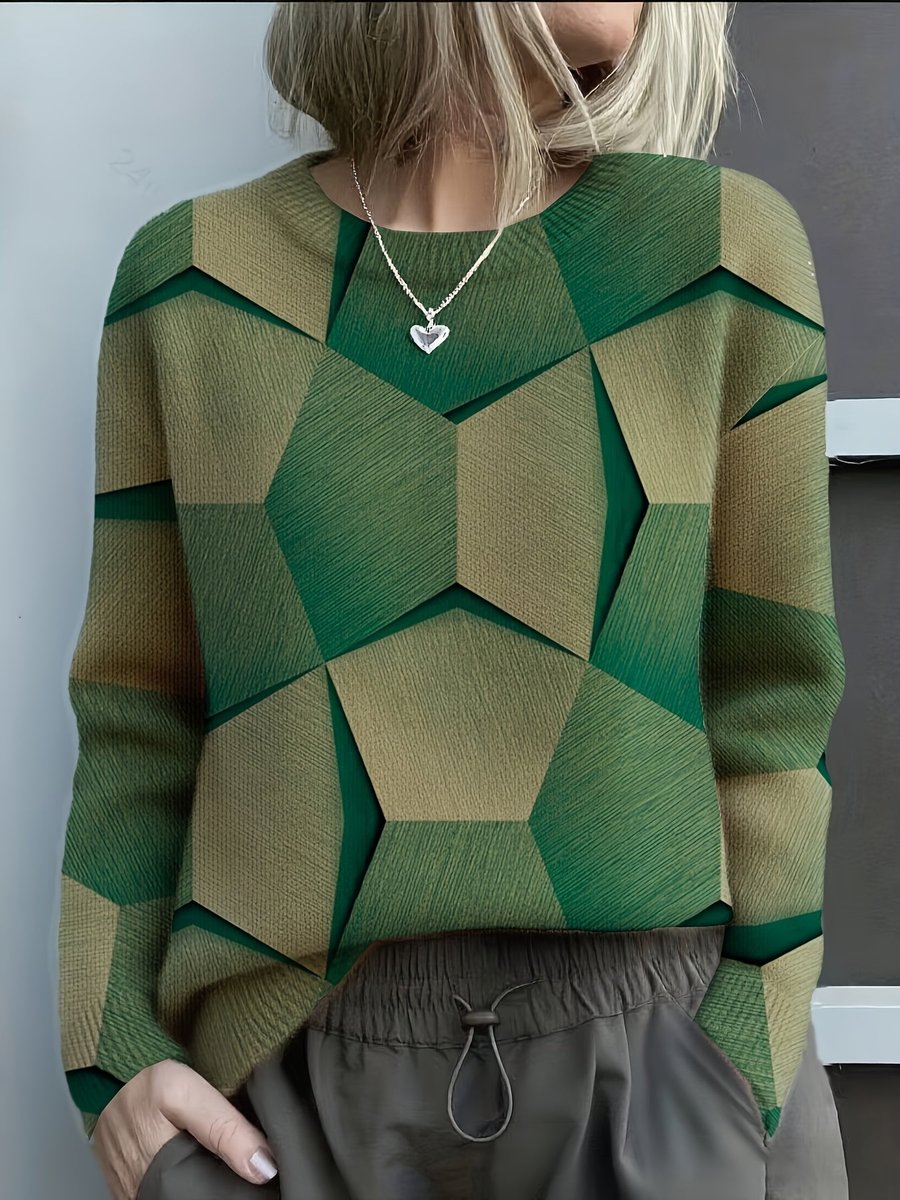 Damen Knit Sweater Geometrisches Muster Rundhals Langarm Pullover - Grün