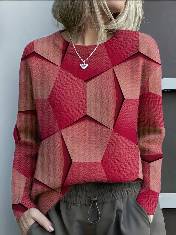 Damen Knit Sweater Geometrisches Muster Rundhals Langarm Pullover - Rot