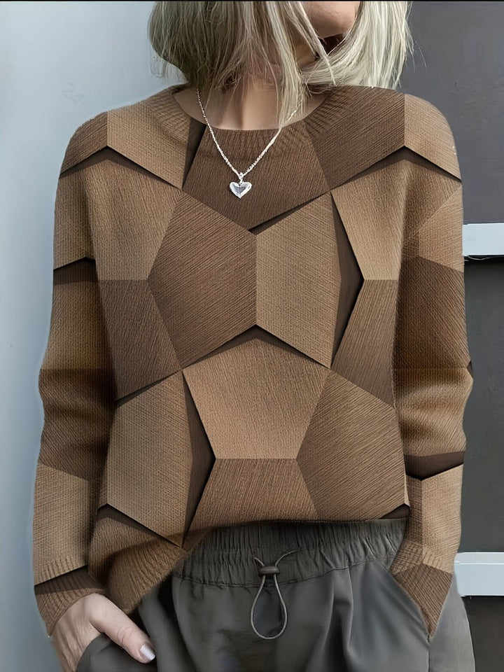 Damen Knit Sweater Geometrisches Muster Rundhals Langarm Pullover - Braun