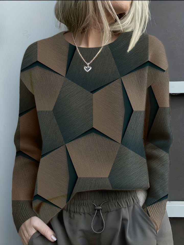 Damen Knit Sweater Geometrisches Muster Rundhals Langarm Pullover - Schwarz