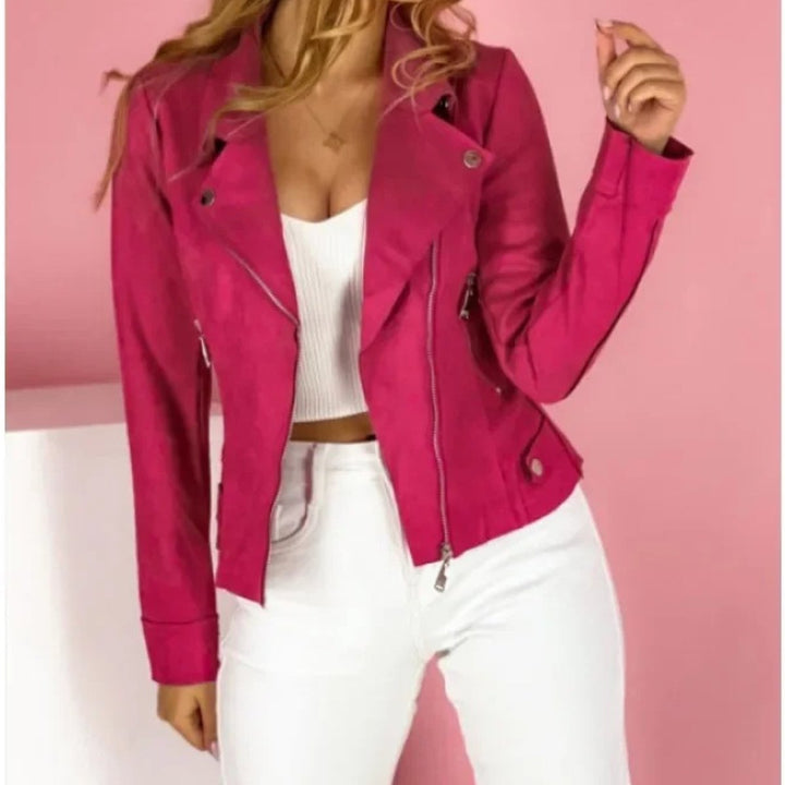 Damen Kunstleder Jacke mit Umlegekragen und Reißverschluss