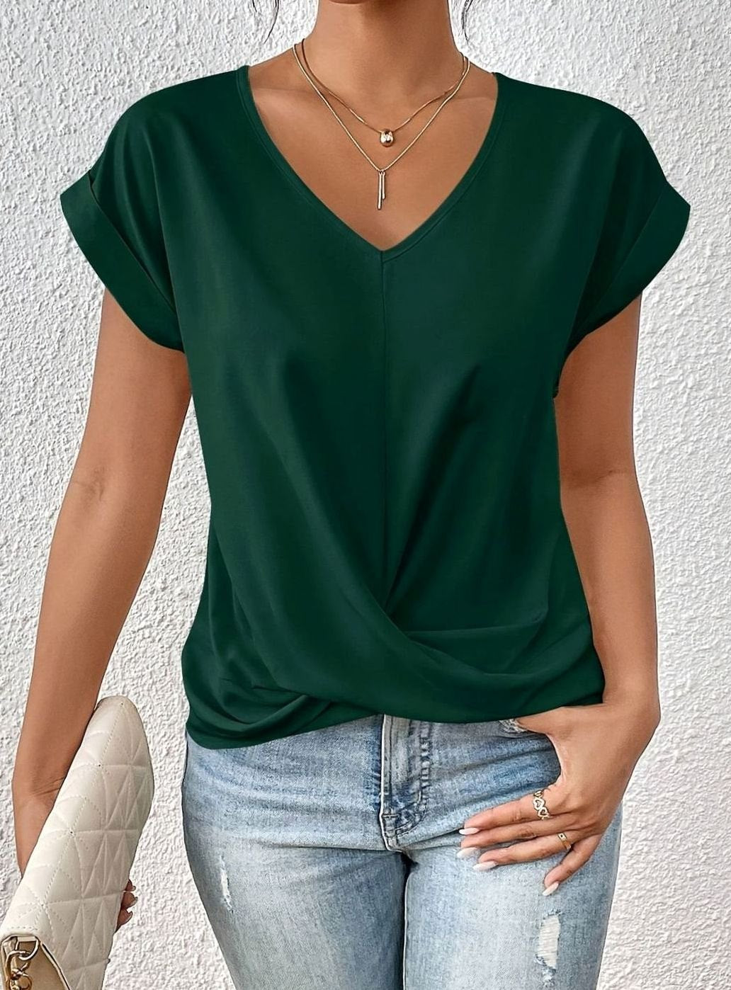 Damen Kurzarm-Bluse mit V-Ausschnitt und Twist-Detail für den Alltag - Grün