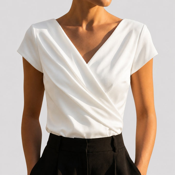 Damen Kurzarm Drapiertes Wickel-Oberteil V-Ausschnitt Bluse - White