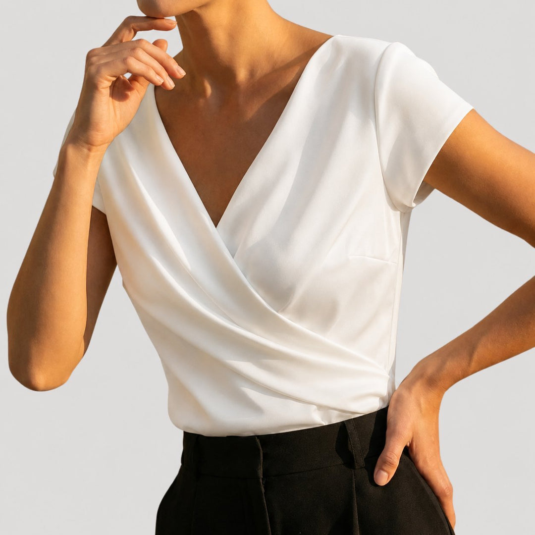 Damen Kurzarm Drapiertes Wickel-Oberteil V-Ausschnitt Bluse