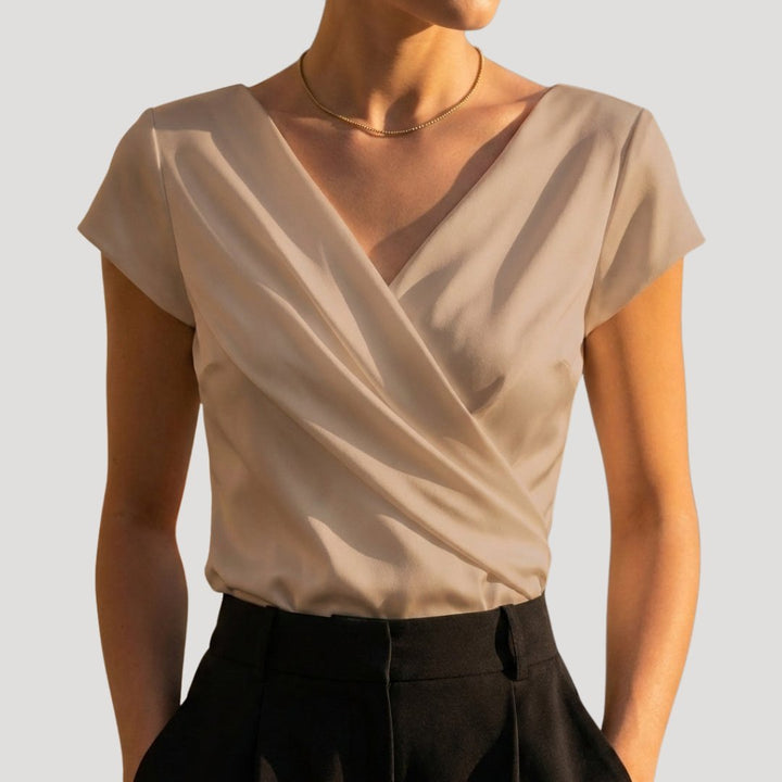 Damen Kurzarm Drapiertes Wickel-Oberteil V-Ausschnitt Bluse - Khaki