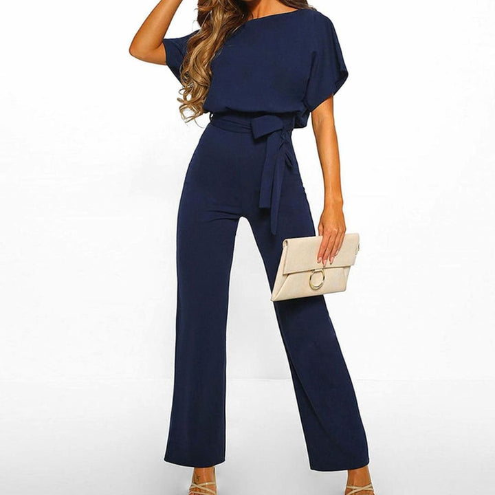 Damen Kurzarm-Jumpsuit mit Gürtel Weites Bein Eleganter Einteiler - Dunkelblau