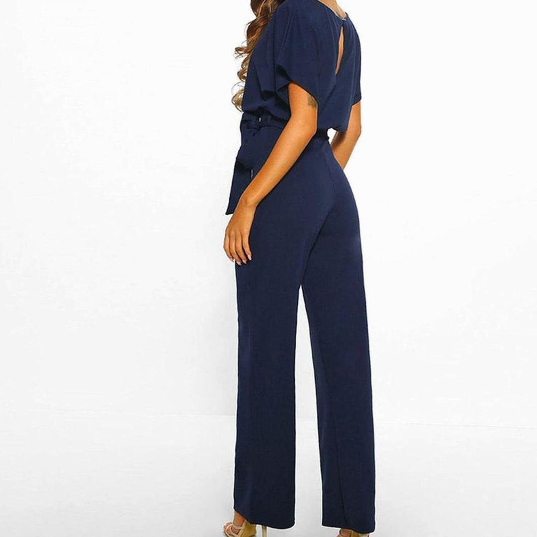 Damen Kurzarm-Jumpsuit mit Gürtel Weites Bein Eleganter Einteiler
