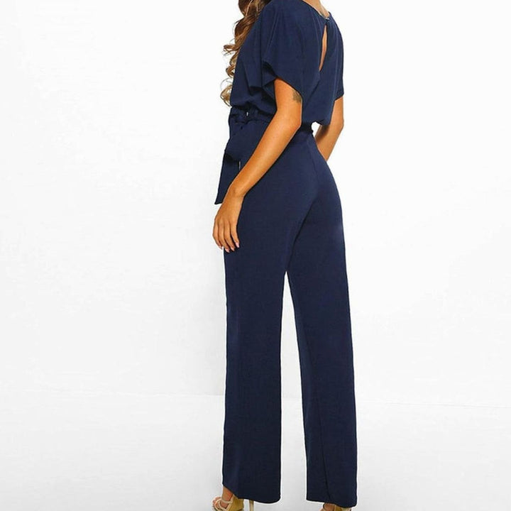 Damen Kurzarm-Jumpsuit mit Gürtel Weites Bein Eleganter Einteiler