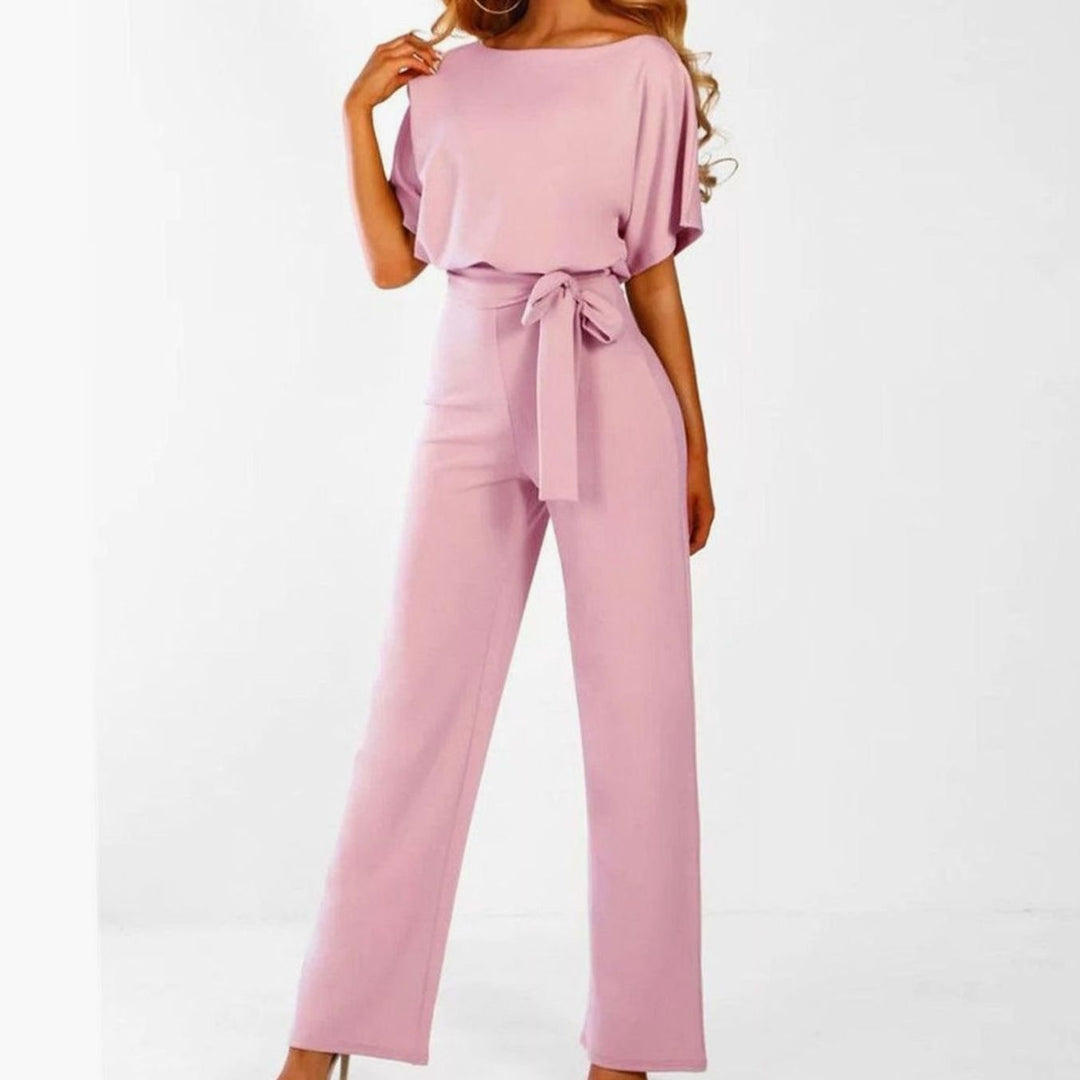 Damen Kurzarm-Jumpsuit mit Gürtel Weites Bein Eleganter Einteiler - Rosa