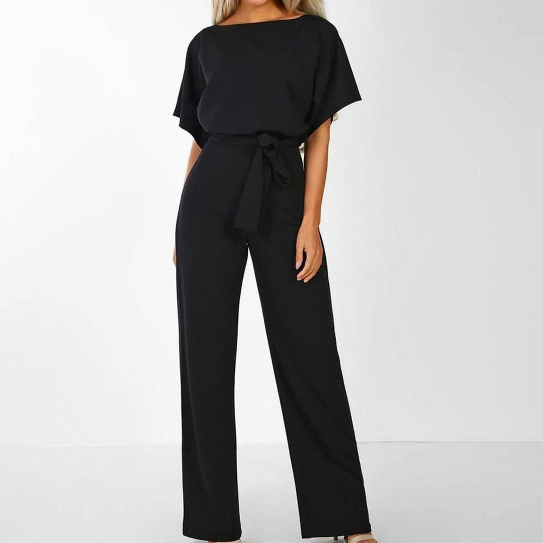 Damen Kurzarm-Jumpsuit mit Gürtel Weites Bein Eleganter Einteiler - Schwarz