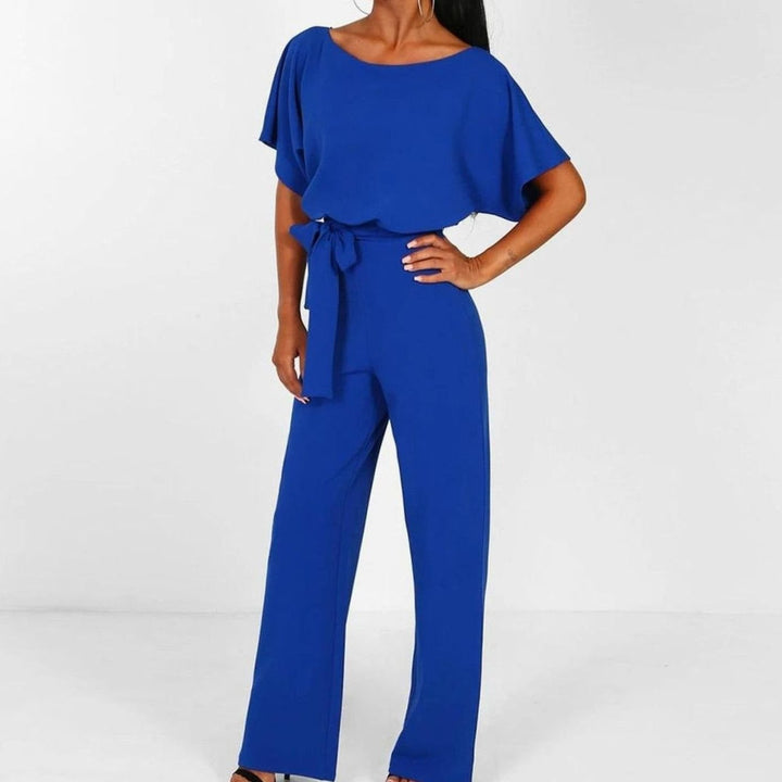 Damen Kurzarm-Jumpsuit mit Gürtel Weites Bein Eleganter Einteiler - Blau