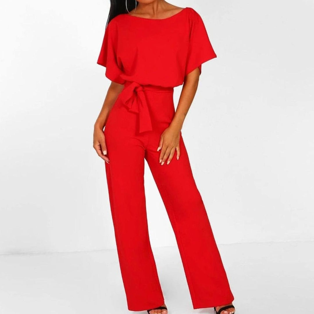 Damen Kurzarm-Jumpsuit mit Gürtel Weites Bein Eleganter Einteiler - Rot
