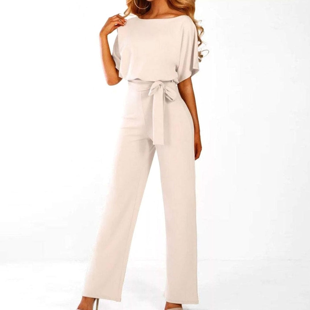 Damen Kurzarm-Jumpsuit mit Gürtel Weites Bein Eleganter Einteiler - Beige