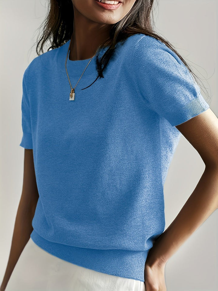 Damen Kurzarm Knit Sweater Top Rundhals lockere Passform - Blau