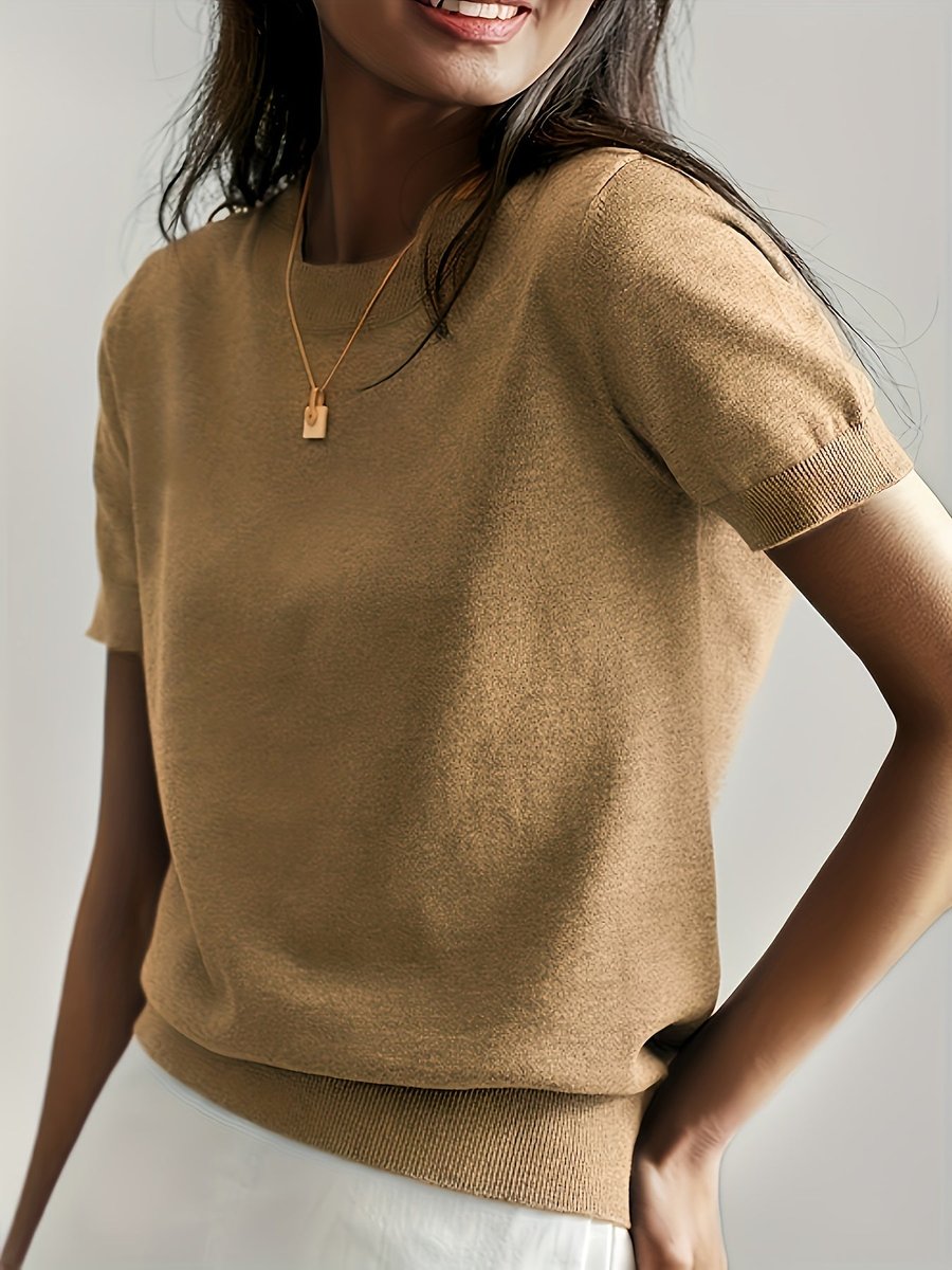 Damen Kurzarm Knit Sweater Top Rundhals lockere Passform - Erdgold