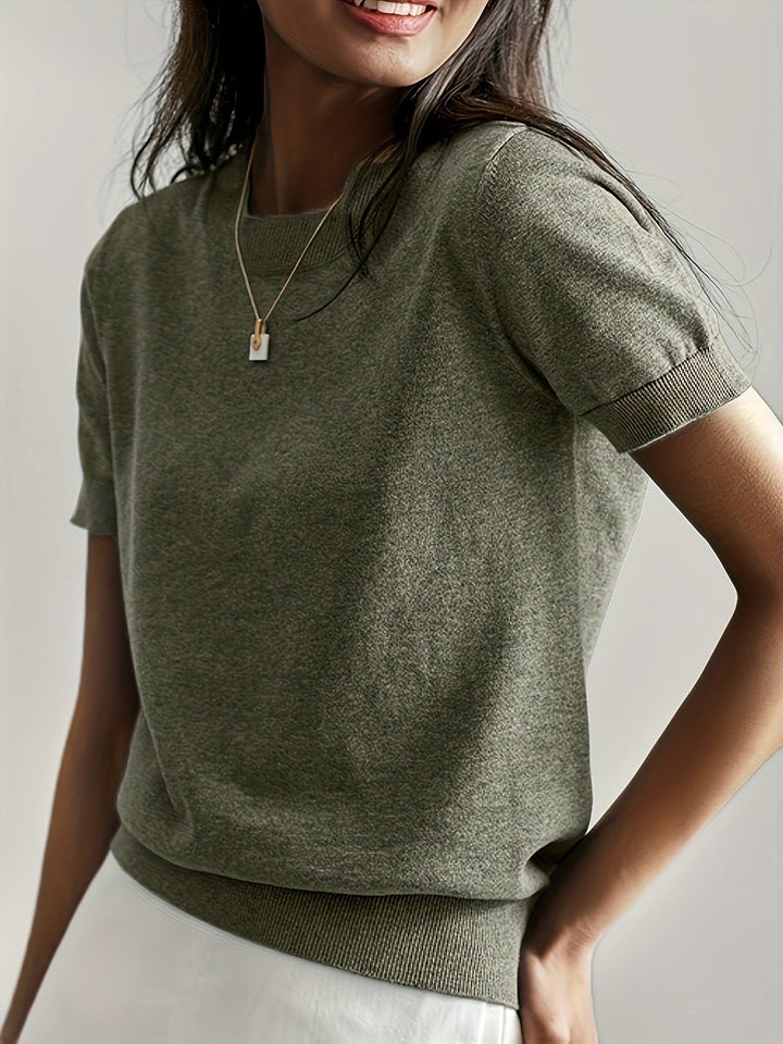 Damen Kurzarm Knit Sweater Top Rundhals lockere Passform - Oliv