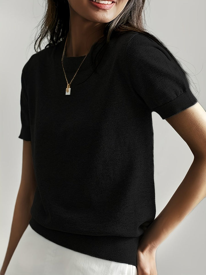 Damen Kurzarm Knit Sweater Top Rundhals lockere Passform - Schwarz