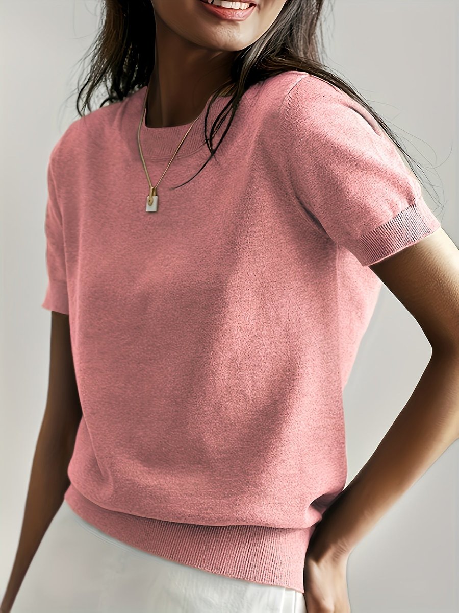 Damen Kurzarm Knit Sweater Top Rundhals lockere Passform - Rosa