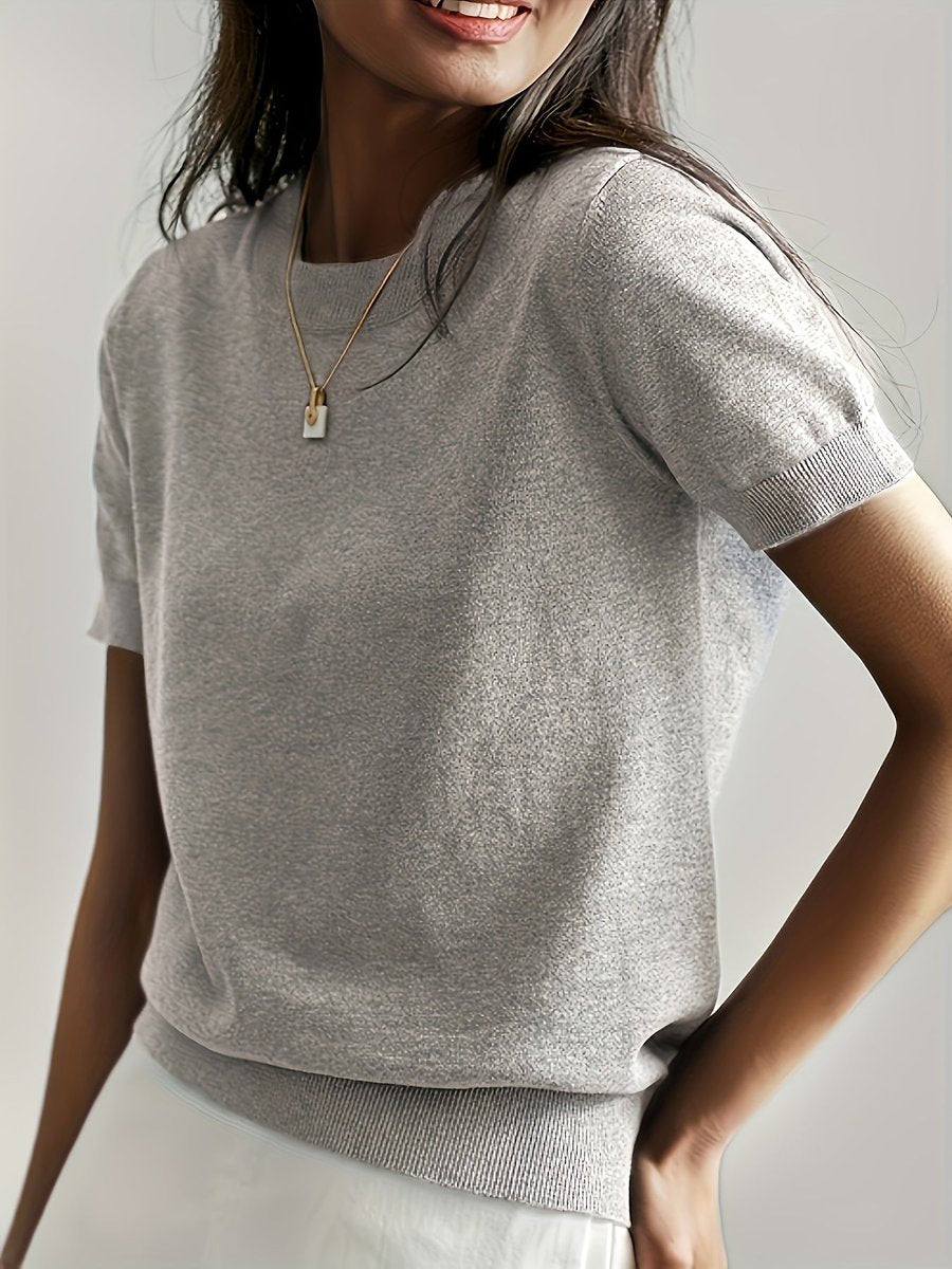 Damen Kurzarm Knit Sweater Top Rundhals lockere Passform - Hellgrau