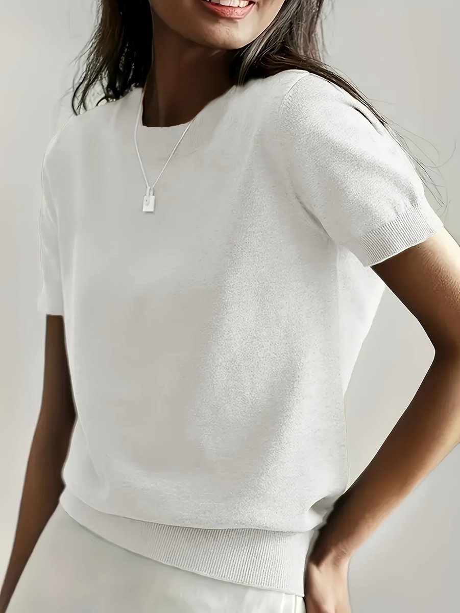 Damen Kurzarm Knit Sweater Top Rundhals lockere Passform - Weiß