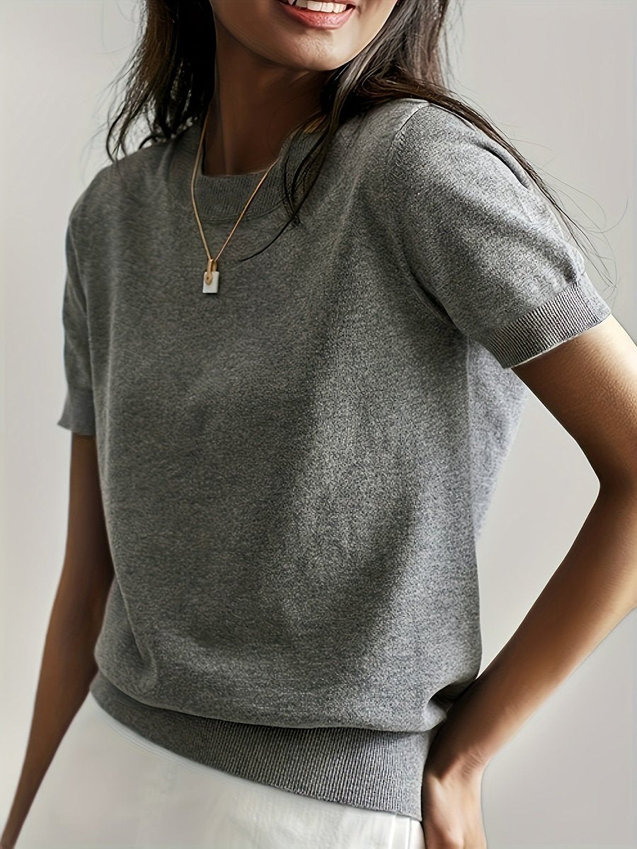 Damen Kurzarm Knit Sweater Top Rundhals lockere Passform - Grau