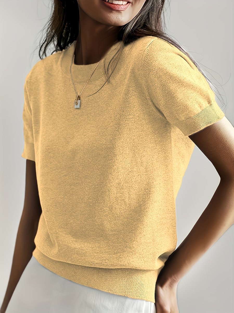 Damen Kurzarm Knit Sweater Top Rundhals lockere Passform - Gelb
