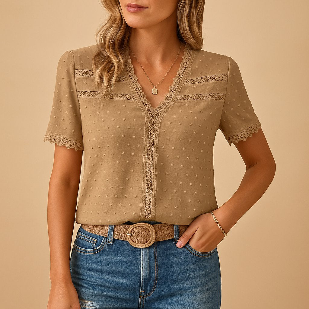 Damen Kurzarm V-Ausschnitt Spitzenbesatz Bluse - Khaki