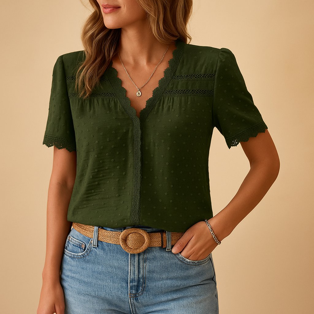 Damen Kurzarm V-Ausschnitt Spitzenbesatz Bluse - Army Green
