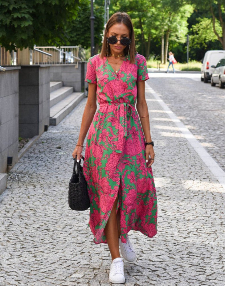 Damen Kurzarm Wickel-Midi-Kleid mit Blumenmuster V-Ausschnitt Bindegürtel - Dark Pink