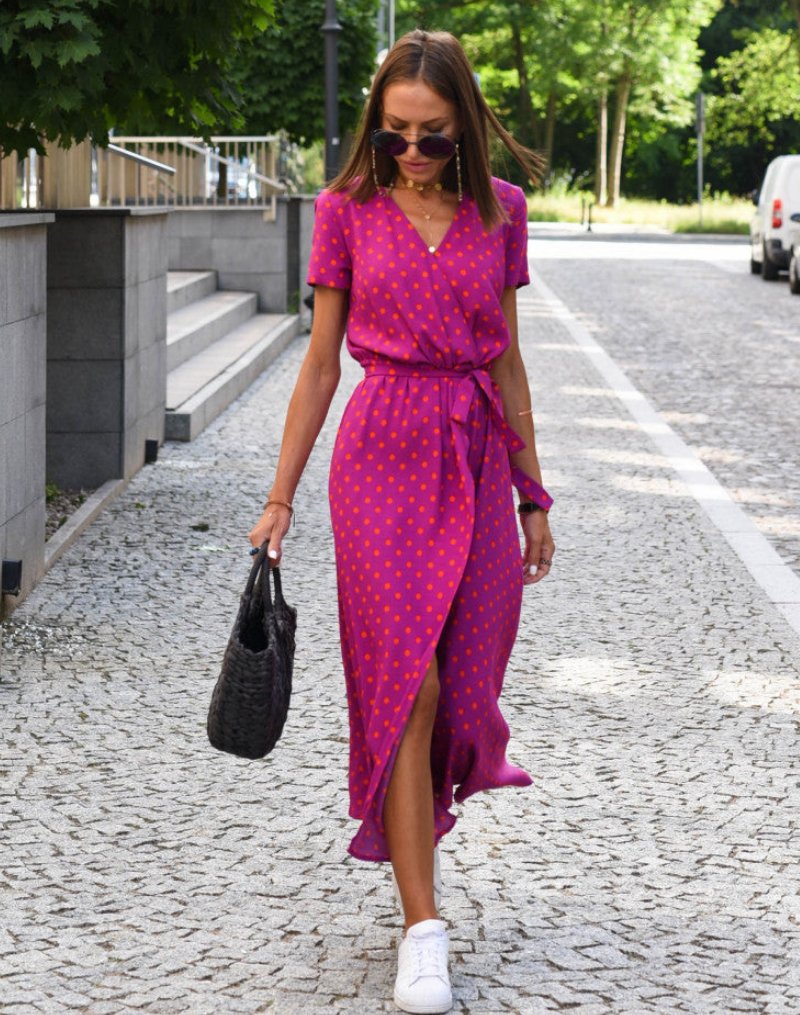Damen Kurzarm Wickel-Midi-Kleid mit Blumenmuster V-Ausschnitt Bindegürtel - Fuschia