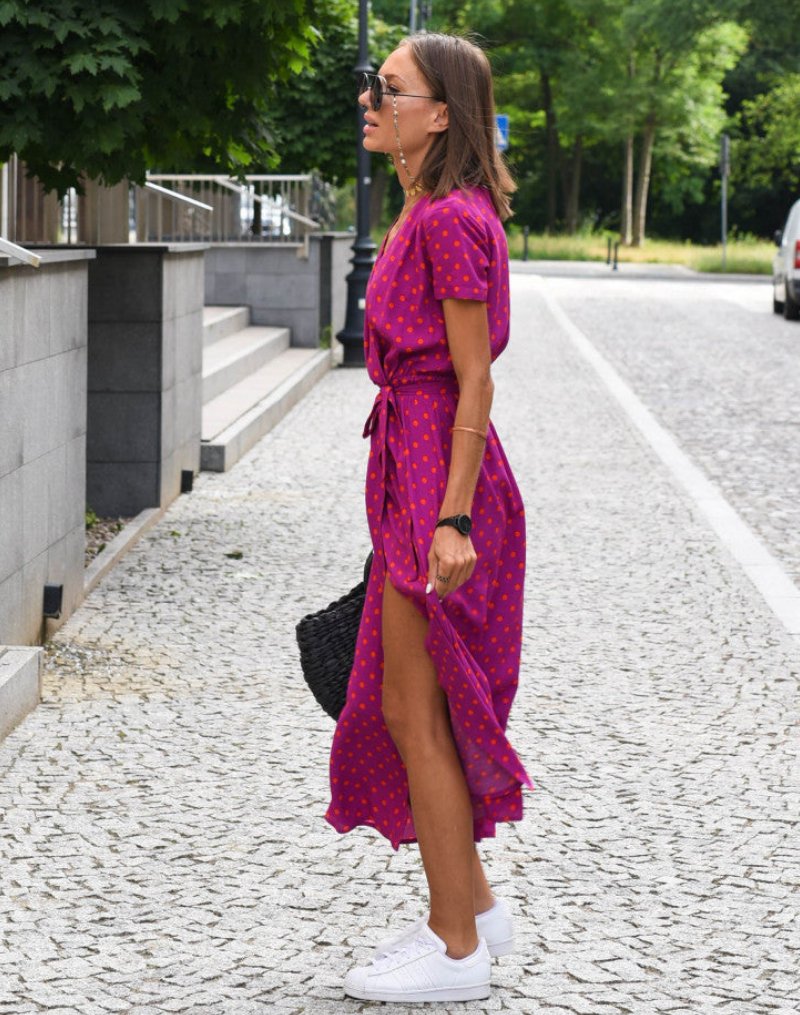 Damen Kurzarm Wickel-Midi-Kleid mit Blumenmuster V-Ausschnitt Bindegürtel