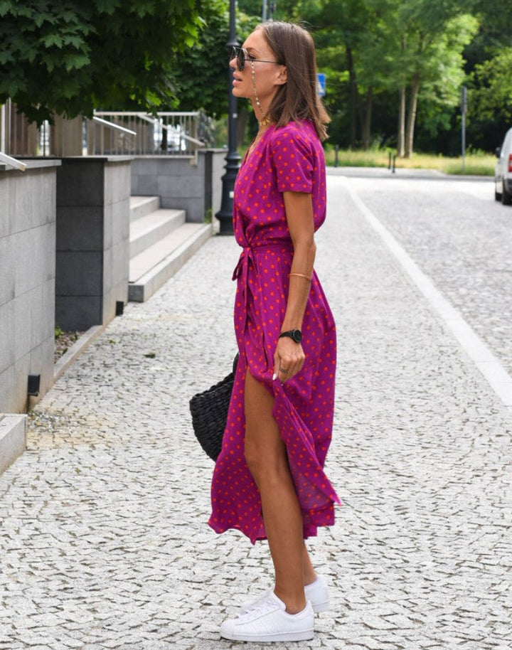 Damen Kurzarm Wickel-Midi-Kleid mit Blumenmuster V-Ausschnitt Bindegürtel