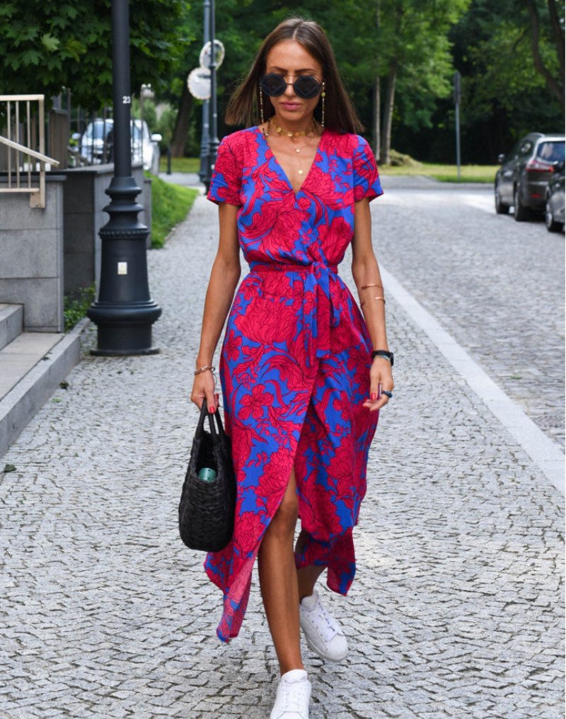 Damen Kurzarm Wickel-Midi-Kleid mit Blumenmuster V-Ausschnitt Bindegürtel - Red