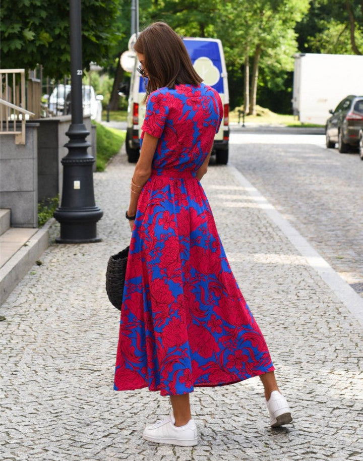 Damen Kurzarm Wickel-Midi-Kleid mit Blumenmuster V-Ausschnitt Bindegürtel