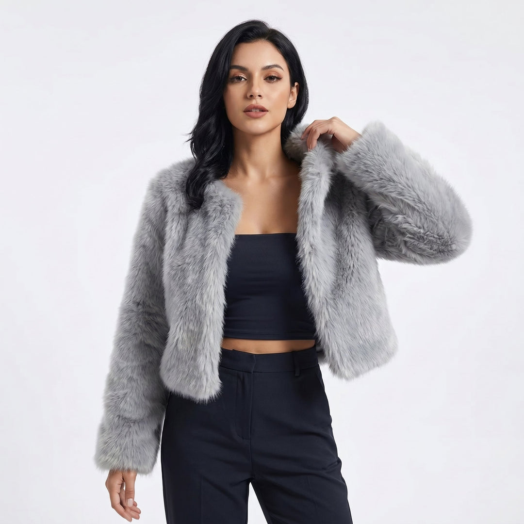 Damen Kurze Cardigan Kunstfell Jacke Winter - Grey