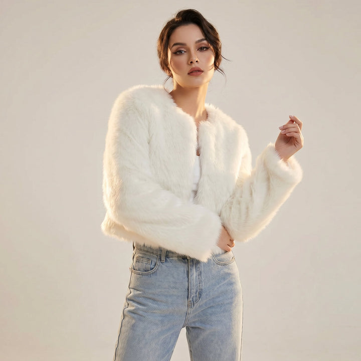Damen Kurze Cardigan Kunstfell Jacke Winter - White