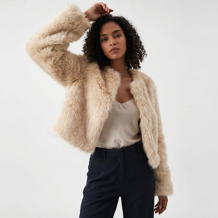 Damen Kurze Cardigan Kunstfell Jacke Winter - Apricot