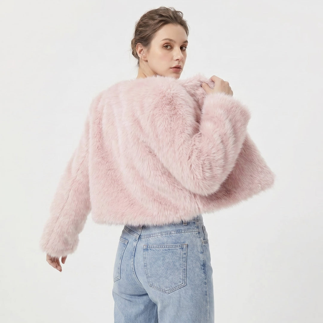 Damen Kurze Cardigan Kunstfell Jacke Winter - Pink