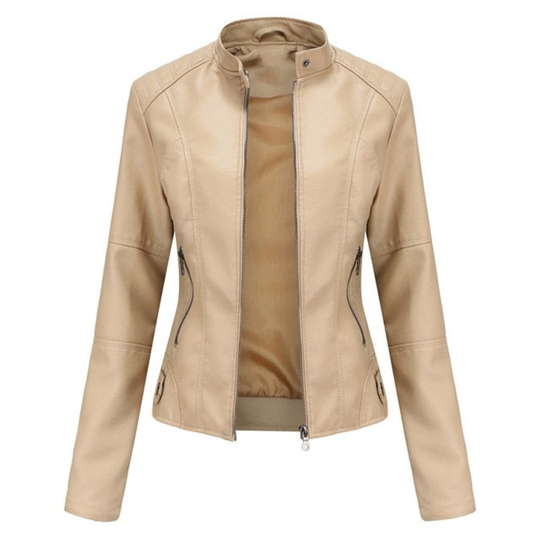 Damen Kurze Kunstleder Jacke mit Reißverschluss Stehkragen - Beige
