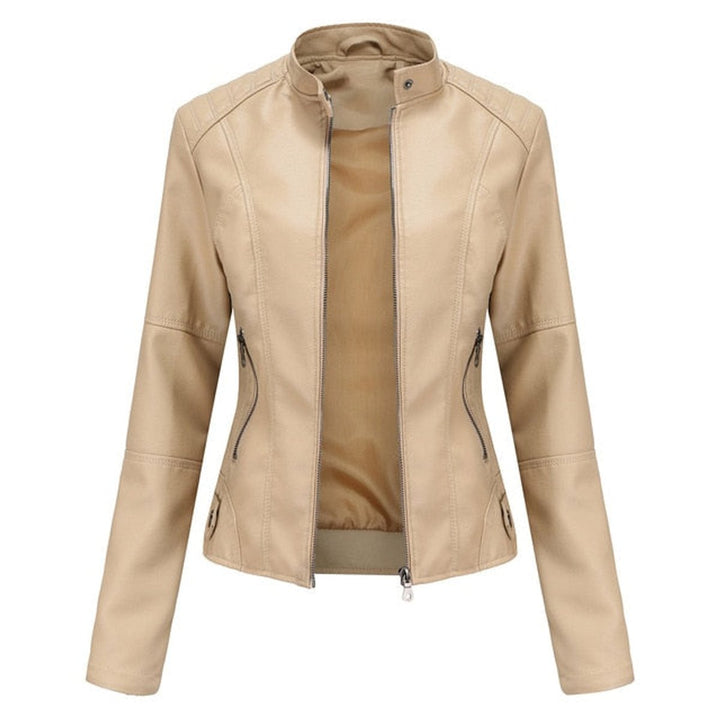 Damen Kurze Kunstleder Jacke mit Reißverschluss Stehkragen - Beige