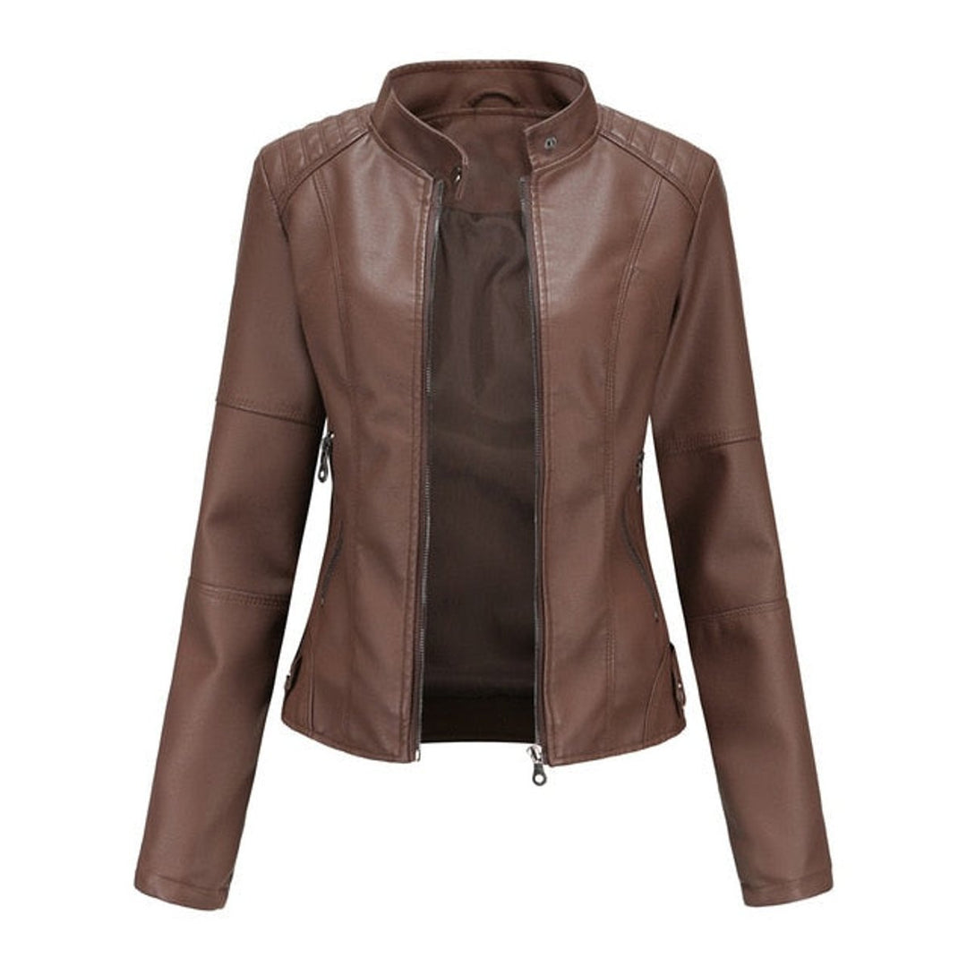 Damen Kurze Kunstleder Jacke mit Reißverschluss Stehkragen - Braun