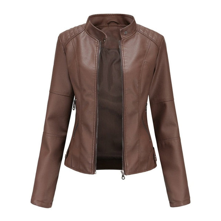 Damen Kurze Kunstleder Jacke mit Reißverschluss Stehkragen - Braun